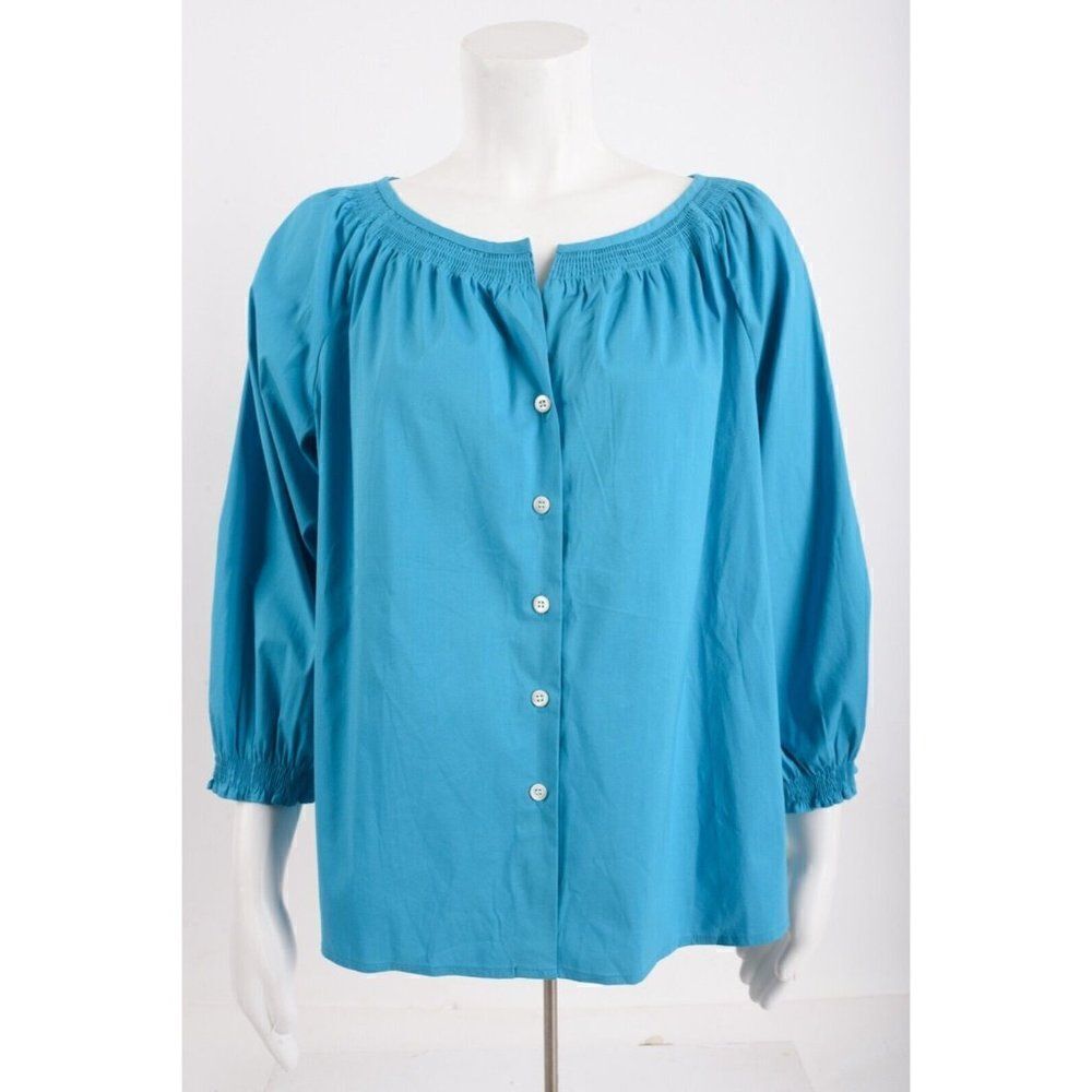 Talbots Womens Blue Button Up Long Sleeve Blouse Shirt Smocked US 10P petite NWT
